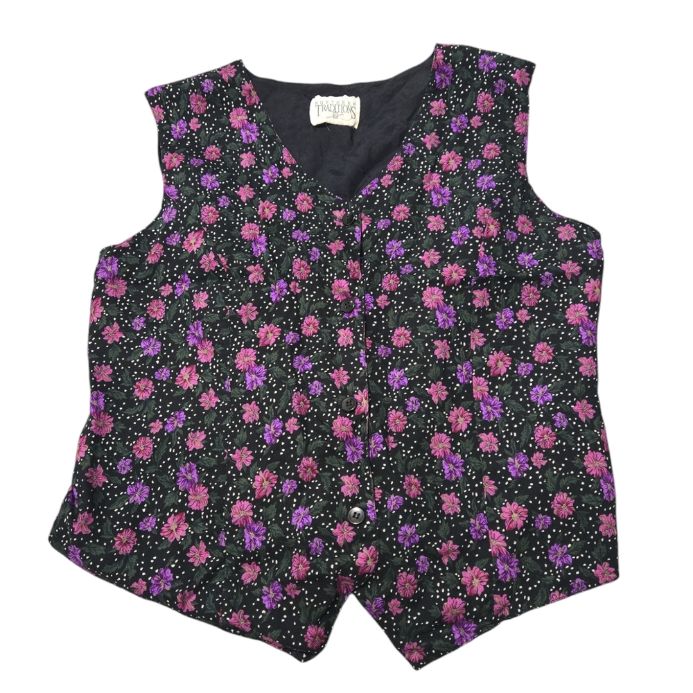 Vintage Floral Vest with Purple and Pink Flowers